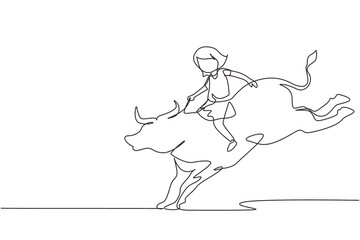 Continuous one line drawing happy cute kid girl riding bull. Child sitting on back bull with saddle in cowboy ranch. Kids learning to ride bull. Single line draw design vector graphic illustration