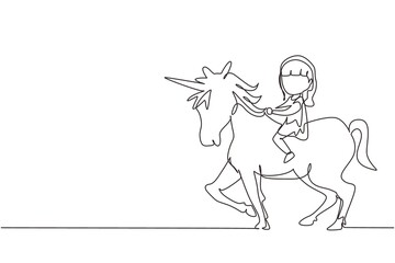 Single continuous line drawing happy cute girl riding cute unicorn. Child sitting on back unicorn in fairy tale dream. Kids learning to ride unicorn. One line draw graphic design vector illustration