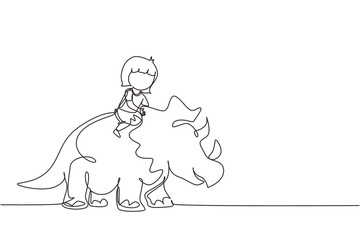 Fototapeta na wymiar Continuous one line drawing little girl caveman riding triceratops. Young kid sitting on back of dinosaur. Stone age children. Ancient human life. Single line draw design vector graphic illustration