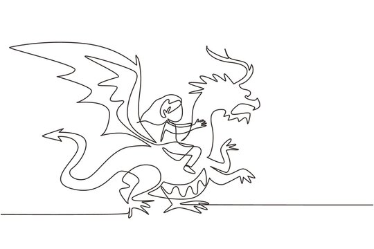 Single one line drawing happy little girl flying with fantasy dragon. Child fly and sitting on back dragon at the sky. Kids imaginary fairytale. Continuous line draw design graphic vector illustration