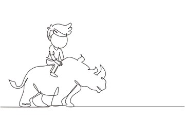 Single one line drawing happy boy riding rhino rhinoceros. Child sitting on back rhinoceros in zoo. Kids learning to ride rhinoceros. Modern continuous line draw design graphic vector illustration