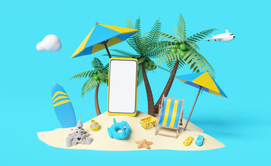 Obraz premium mobile phone or smartphone with palms,beach chair,island,coconut,umbrella,sandals,plane,surfboard,Inflatable flamingo,sand castle on blue.summer travel vacation concept,3d illustration or 3d render