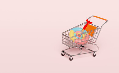 stainless steel shopping cart with target red darts or arrow isolated on pink background,concept 3d illustration or 3d render