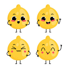 Set with cute cartoon lemon character with different emotions. Vector illustration.