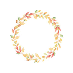 Fototapeta na wymiar Watercolor autumn leaves hand-painted wreath isolated on white background. Perfect for greeting cards, invitations. Thanksgiving day card. 