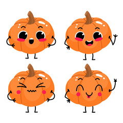 Set with cute cartoon pumpkin character with different emotions Vector illustration.
