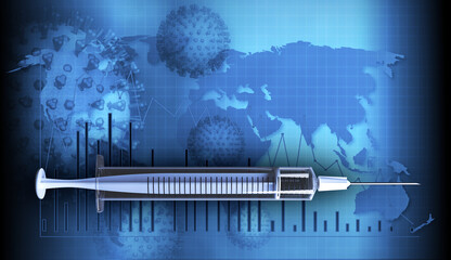 Medical syringe, vaccine illustration. There is a graph, virus cell and dna on the background.	
