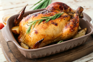 Baking dish with tasty chicken and potato on light wooden background, closeup
