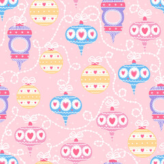 Christmas balls seamless pattern on pink background in cartoon style for wrapping paper or fabric for winter holidays with garland, ornament in scandinavian style