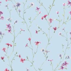 Beautiful autotraced vector seamless floral pattern with gentle watercolor hand drawn purple wild field flowers. Stock illustration.