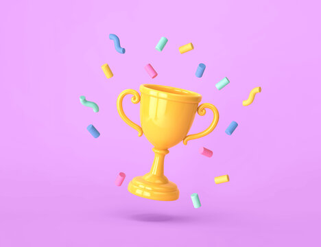 Cartoon winners trophy, champion cup with falling confetti on purple background