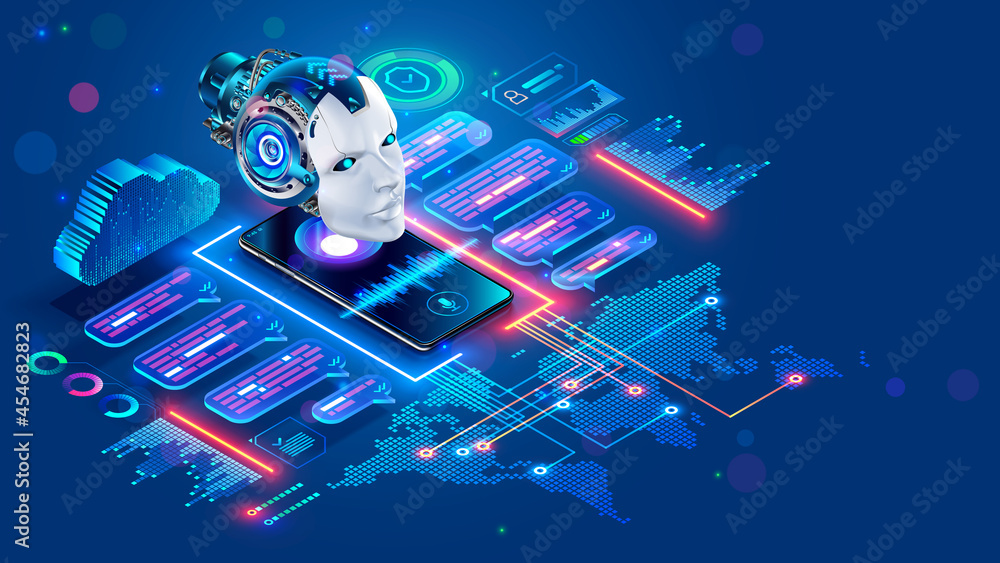 Poster Chat bot with AI helping of users speakers of different languages. Online multilanguage support. App of Voice assistant on Phone. Robot on screen smartphone talk in messenger. Intelligence of chatbot