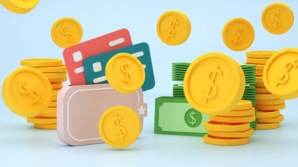 Dollar banknotes and coins, money 3d illustration
