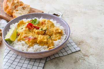 Bowl of tasty chicken curry with rice on light background