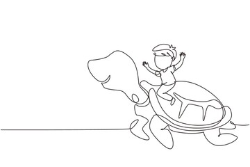 Single continuous line drawing little boy riding sea turtle. Child sitting on back tortoise with fins diving in beach. Kids learning to ride turtle. One line draw graphic design vector illustration