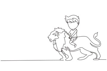 Single continuous line drawing happy little boy riding lion. Child sitting on back big lion at circus event. Kid learning to ride beast animal. Dynamic one line draw graphic design vector illustration