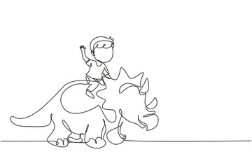 Single one line drawing little boy caveman riding triceratops. Young kid sitting on back of dinosaur. Stone age children. Ancient human life. Continuous line draw design graphic vector illustration