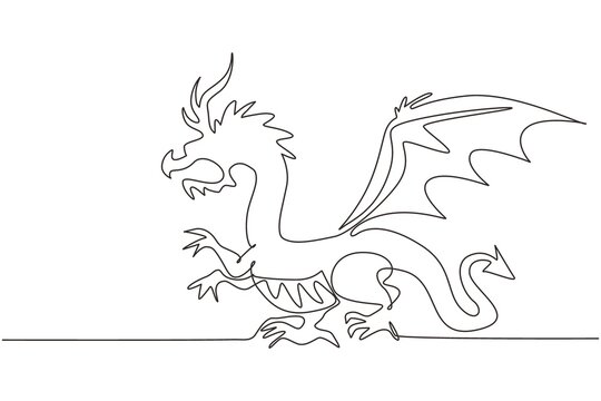 Continuous one line drawing fairy dragons. Funny fairytale dragon, magic lizard with wings and fire breathing serpent. Flying dragon medieval reptile. Single line design vector graphic illustration