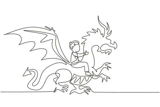 Continuous one line drawing happy little boy flying with fantasy dragon. Child fly and sitting on back dragon at the sky. Kids imaginary fairytale. Single line draw design vector graphic illustration