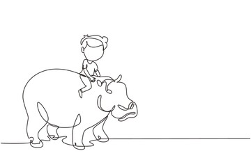 Single continuous line drawing happy little boy riding hippo. Child sitting on back hippopotamus in zoo. Kids learning to ride hippopotamus. Dynamic one line draw graphic design vector illustration - obrazy, fototapety, plakaty