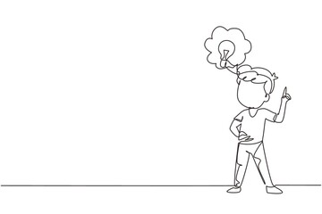 Fototapeta na wymiar Single one line drawing little boy thinking. Kids think creative idea. Bubble with light bulbs sign. Concept of learning and growing children. Continuous line draw design graphic vector illustration