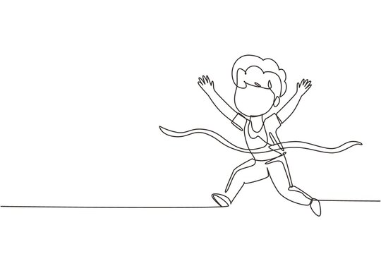 Single Continuous Line Drawing Cute Boy Run In Race And Win First Place. Little Kid Running To Finish Line First, Children Physical Activity Concept. One Line Draw Graphic Design Vector Illustration