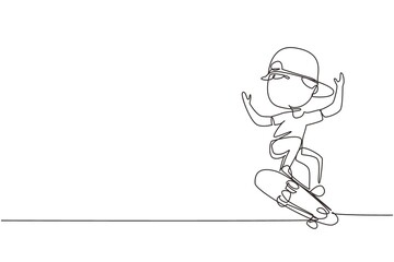 Continuous one line drawing happy smiling boy playing on skateboard. Kid accelerating doing jumping. Children on skateboarding ride at playground. Single line draw design vector graphic illustration