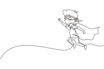 Single continuous line drawing boy flies through air in super hero pose with outstretched hand. Kid in super hero costume with mask on his face and cloak tied around neck. One line draw graphic design