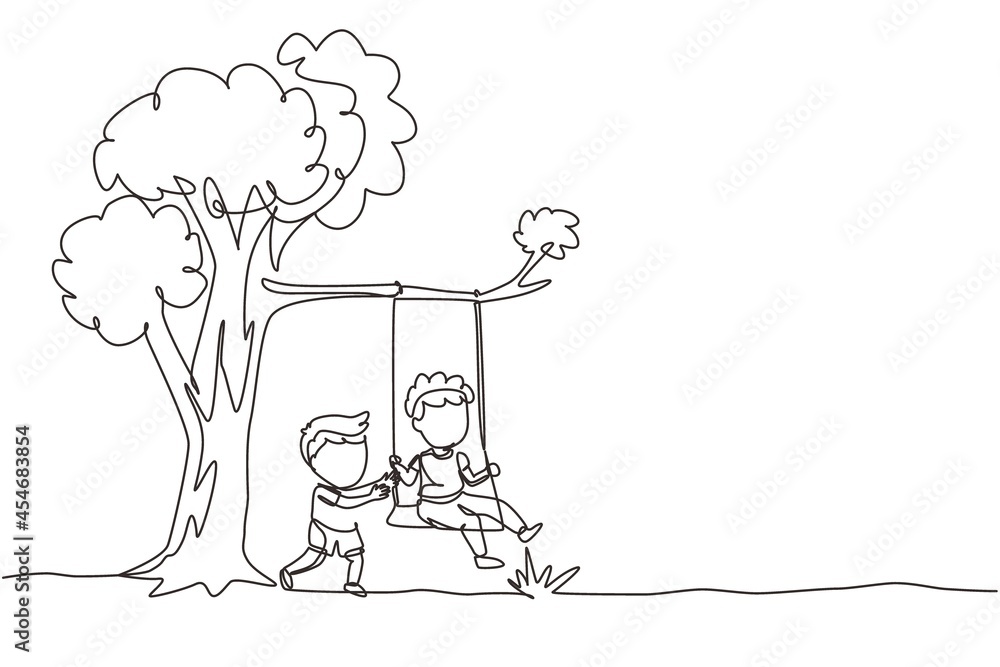Poster single continuous line drawing happy two boys playing on tree swing. cheerful kids on swinging under