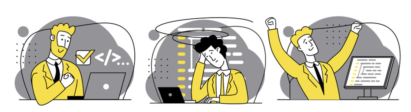 Concept of script coding, programming. A programming language. Programmer working on web development on computer. Software developers. Workplace of the programmer. Set of Flat modern illustrations