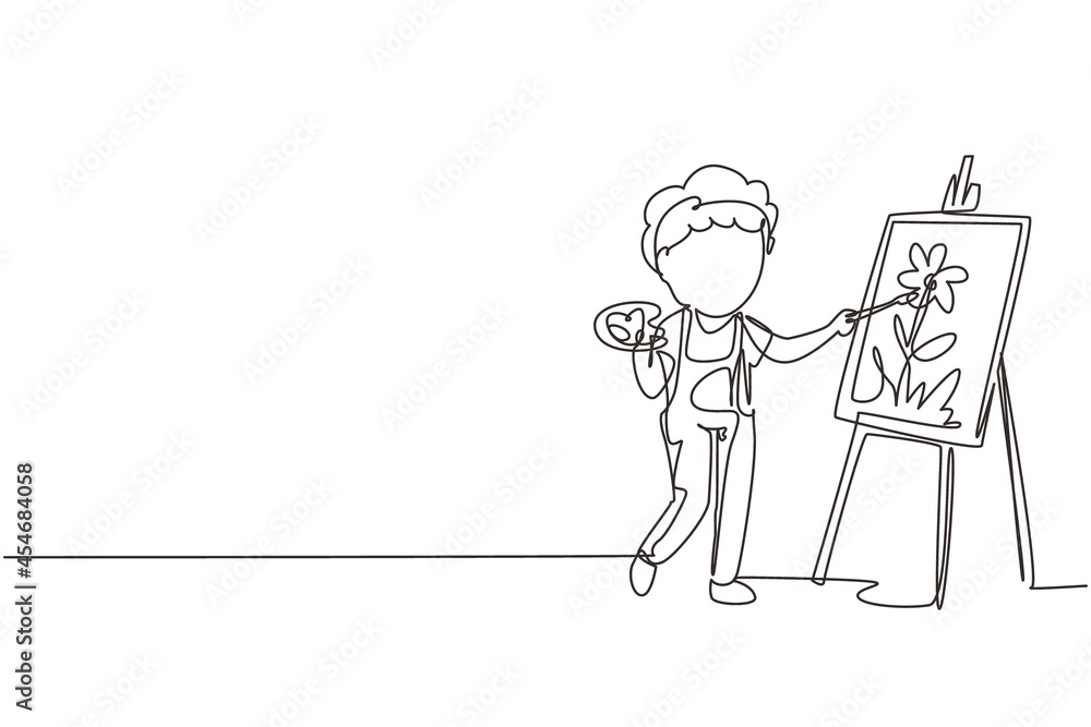 Poster single continuous line drawing happy cute little kid boy draw on canvas. happy child painting on eas