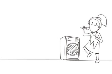 Continuous one line drawing happy cute little kid girl sing a song. Good performance and talent on stage. Beautiful melodic singing of children. Single line draw design vector graphic illustration