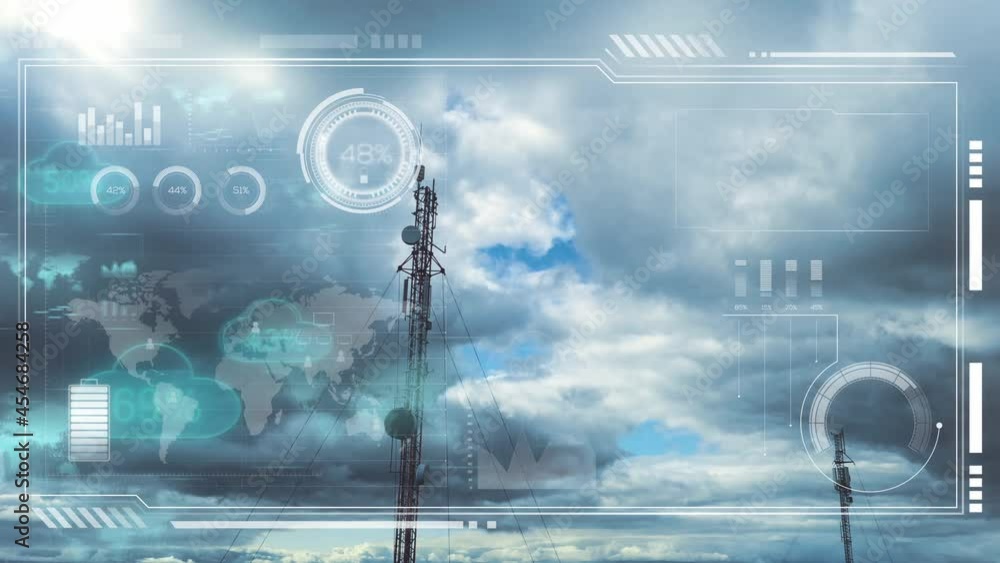 Poster hud data screen, world map and cloud icons on radio tower background - 3d animation