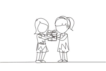 Single one line drawing girl giving her friend birthday ribbon bow gift box. Children excited receiving gift from friend. Child hand over holiday present. Continuous line draw design graphic vector