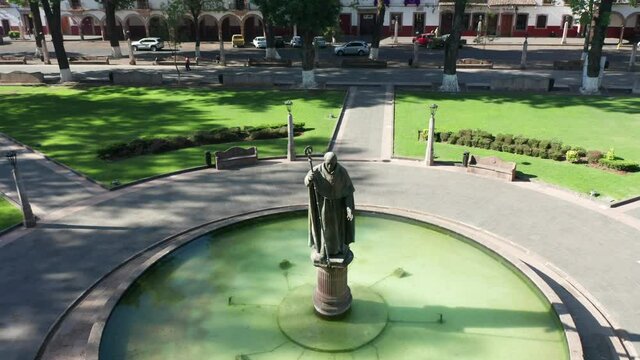 DRONE ORBIT OF VASCO DE QUIROGA FOUNTAIN IN PATZCUARO MICHOACAN