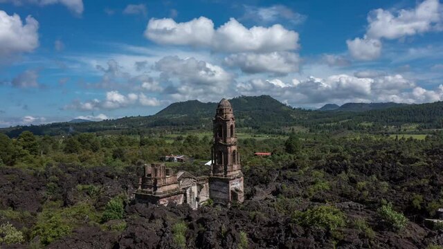 HYPERLAPSE OF PARICUTIN CHURCH NEAR VOLCANO IN MICHOACAN
