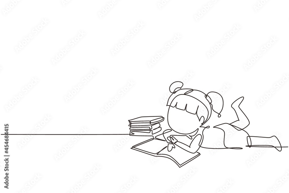 Poster single continuous line drawing little baby girl is reading book and dreaming lying on floor. pile of