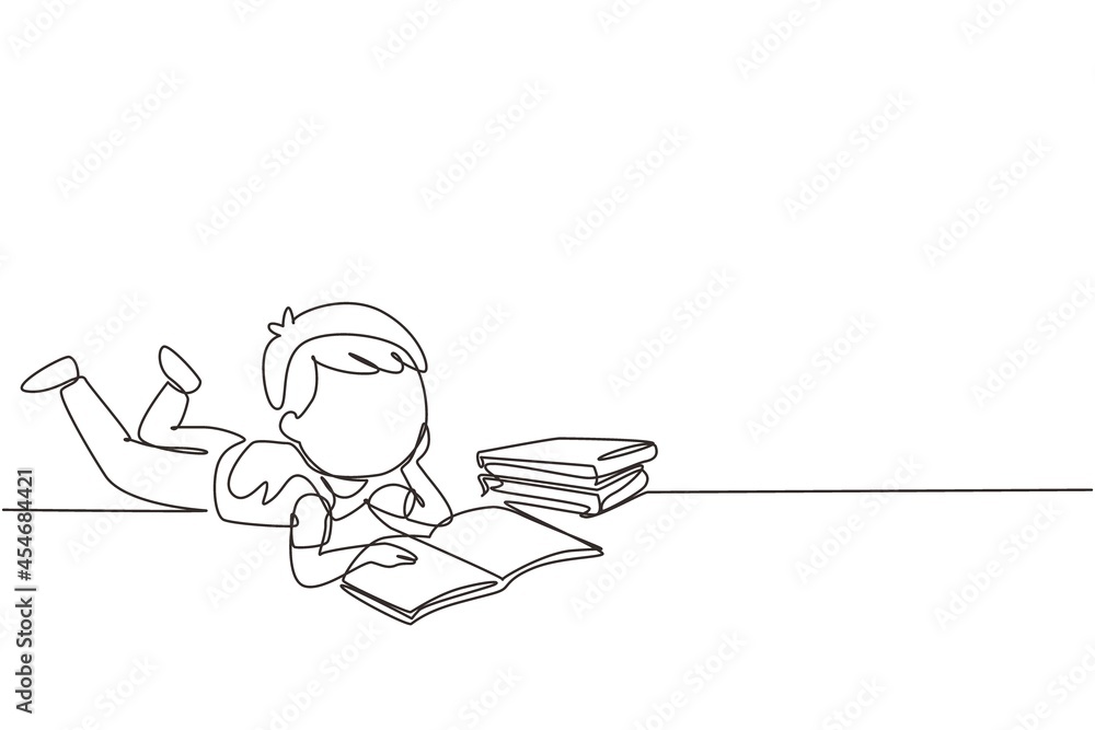 Aufkleber continuous one line drawing little baby boy is reading book and dreaming lying on floor. pile of boo