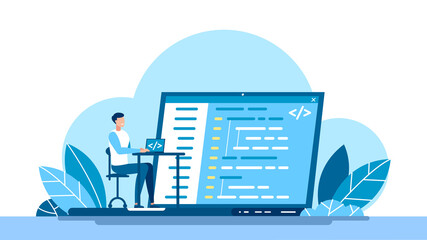 Concept of script coding, programming. A programming language. Programmer working on web development on the laptop. Software developers. Flat vector cartoon illustration. Workplace of the programmer. 