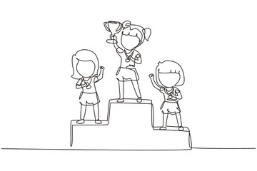 Single continuous line drawing cute girl standing on podium as sport competition winner. Championship celebration. Happy cute kid win game gold trophy. One line draw graphic design vector illustration