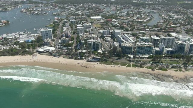 Aerial View Of Mooloolaba Beach With Rocky Coast At Sunrise In Sunshine Coast, QLD, Australia.Scenic Beach Of Mooloolaba With Beachfront Holiday Apartments the Sunshine Coast, Queensland, Australia.