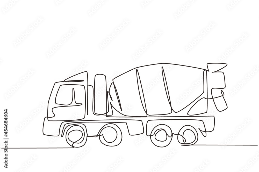 Aufkleber single continuous line drawing concrete mixer truck with view from side. heavy automobile. auto in f