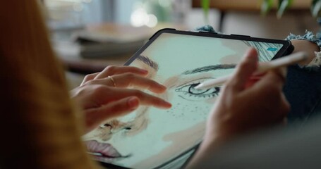 close up hands woman graphic designer using tablet computer drawing digital art illustration graphic artist sketching on touchscreen device with stylus pen - Powered by Adobe