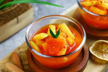 Asinan Buah or Indonesian pickled mixed fruits, spicy sweet and sour taste.  