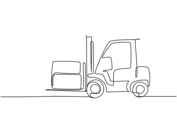 Continuous one line drawing forklift truck with boxes. Heavy automobile. Construction industry and machinery concept. Children's toy forklift truck. Single line draw design vector graphic illustration