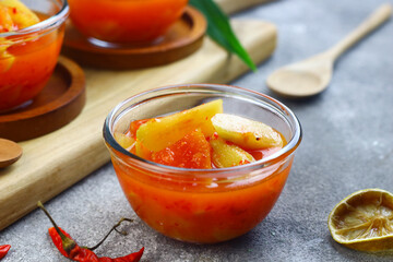 Asinan Buah or Indonesian pickled mixed fruits, spicy sweet and sour taste.  