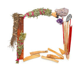 Frame made of incense, herbs and minerals on white background