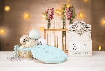 Сoncept background new year 2022. Holiday card with Vintage Christmas toys, decorations and desk calendar