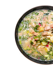 Bowl with tasty okroshka on white background