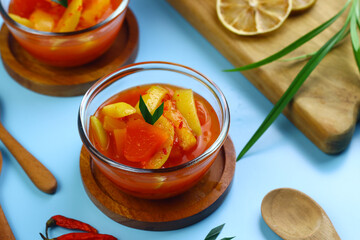 Asinan Buah or Indonesian pickled mixed fruits, spicy sweet and sour taste.  